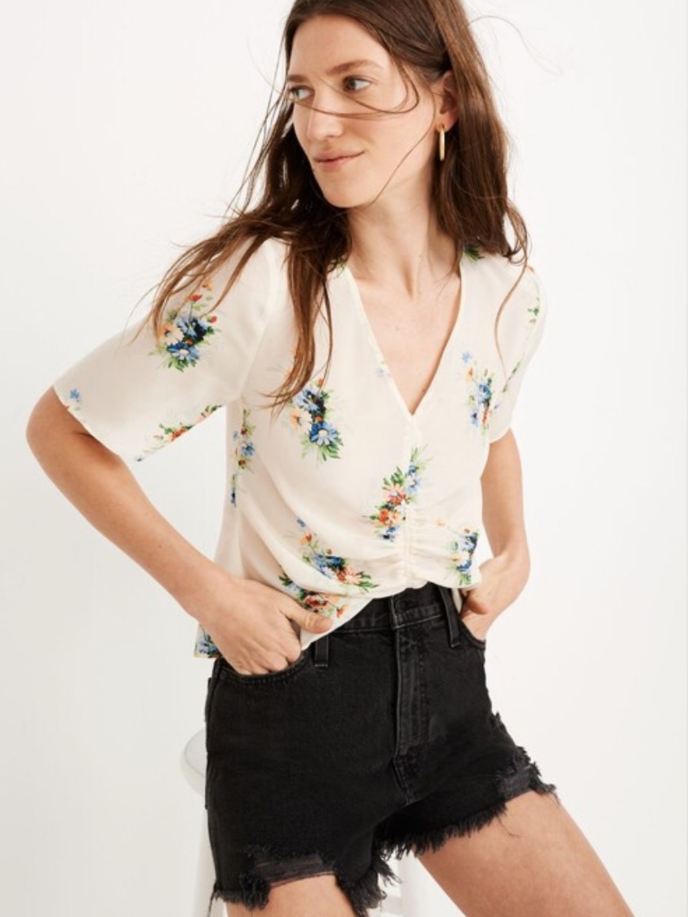MADEWELL 100% Silk Floral V-Neck Shirred Front Blouse in “Classic Corsage”
